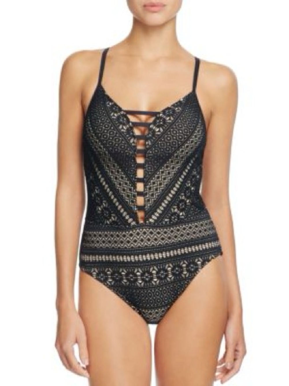 Bleu Rod Beattie Crochet Plunging Black Lace One Piece Swimsuit